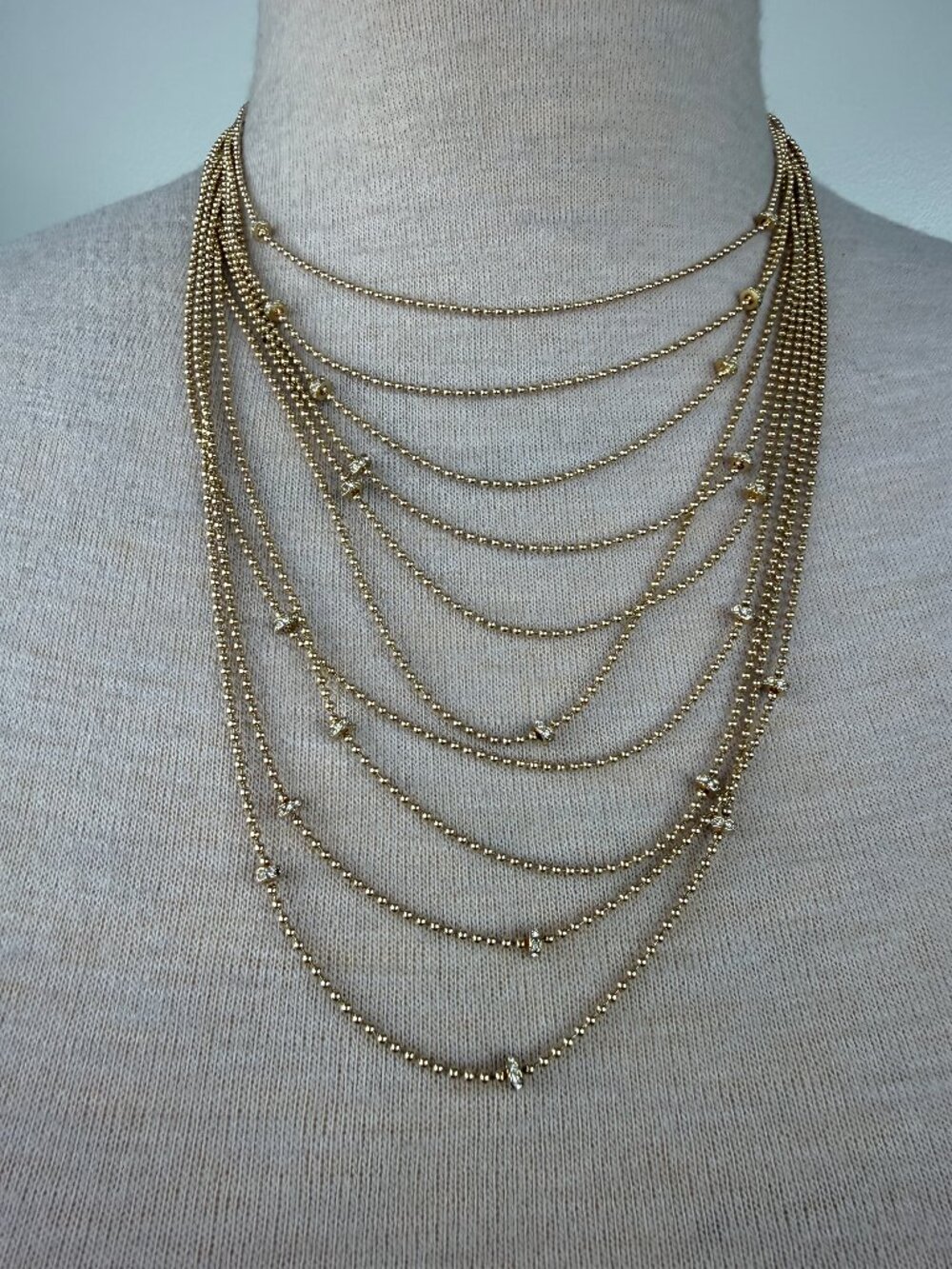 Multi-Strand (10) Gold Tone Ball & Chain w/ Rhinestone Stations Necklace